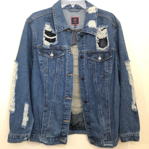 BOOM BOOM JEANS Womens Large Denim Jean Jacket Fishnet Cutouts Destroyed NWOT - Picture 2 of 14